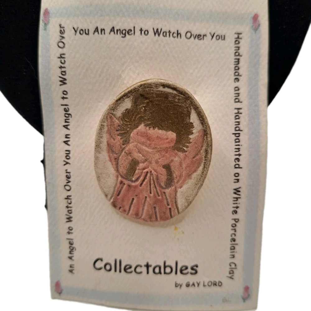 Vintage Hand Made Angel Pin By Gay Lord, Handpainted on White Porcelain Clay